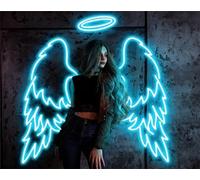 FINOTI Ailes d'ange avec Halo et Texte LED enseigne néon - néon Nimbus, décoration Mariage, décoration Murale néon, Zone Photo, fête noël Bar pub Club LED enseigne au néon,D,35x27inch(89x69cm)