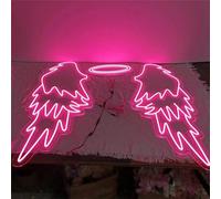 FINOTI Ailes d'ange avec Halo et Texte LED enseigne néon - néon Nimbus, décoration Mariage, décoration Murale néon, Zone Photo, fête noël Bar pub Club LED enseigne au néon,F,35x27inch(89x69cm)