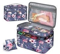 FINPAC Étui de rangement et organiseur pour accessoires de couture, sac de transport à double couche avec coussin pour épingles, fils, aiguilles, fils à broder, kits de feutrage (hibiscus en fleur)