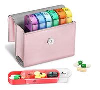 FINPAC Pilulier hebdomadaire avec sacoche en cuir PU, 7 Jours 4 fois par jour Organisateur de pilule de voyage avec carte Nom pour Matin Midi Soir Coucher pour pour vitamines, médecine, Or rose