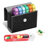 FINPAC Pilulier hebdomadaire avec sacoche en cuir PU, 7 Jours 4 fois par jour Organisateur de pilule de voyage avec carte Nom pour Matin Midi Soir Coucher pour pour vitamines, médecine, Noir