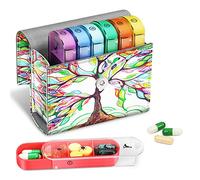 FINPAC Pilulier hebdomadaire avec sacoche en cuir PU, 7 Jours 4 fois par jour Organisateur de pilule de voyage avec carte Nom pour Matin Midi Soir Coucher pour pour vitamines, médecine, Love Tree