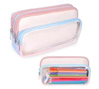 FINPAC Trousse à Crayons avec 3 Compartiments, Trousse Scolaire Grande Capacité avec Compartiment Transparent, Sac Porte-Stylo Fournitures Scolaires Papeterie Organisateur (Rose/Bleu)