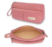 FINPAC Trousse, Trousse Scolaire en Velours CôTelé, Trousse à Crayons Portable Le Bureau, Trousse avec Poche Zippée et Dragonne pour Collège étudiants Fille Garçon Adolescent (Rose)