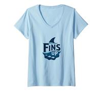 Fins Up: Ocean Adventure pour Les Amateurs de Requins T-Shirt avec Col en V, Femme, Bleu Céleste, XXL