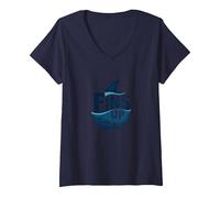 Fins Up: Ocean Adventure pour Les Amateurs de Requins T-Shirt avec Col en V, Femme, Bleu Marine, XXL