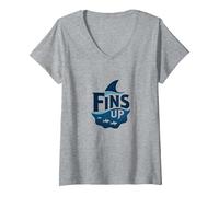 Fins Up: Ocean Adventure pour Les Amateurs de Requins T-Shirt avec Col en V, Femme, Gris Chiné, XXL
