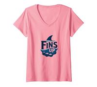 Fins Up: Ocean Adventure pour Les Amateurs de Requins T-Shirt avec Col en V, Femme, Rose, XXL
