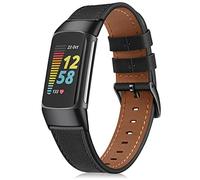 Fintie Bracelets compatibles avec Fitbit Charge 5, bracelet de rechange en cuir véritable, noir