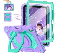 FINTIE Coque Enfant Antichoc pour iPad A16 11e Gén 11"/iPad 10e Gén 10.9" | Étui Robuste avec Support Rotatif et Bandoulière, Protection d'écran et Porte-Stylet, Violet/Vert