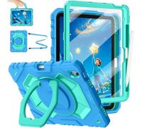 FINTIE Coque Enfant Antichoc pour iPad A16 11e Gén 11"/iPad 10e Gén 10.9" | Étui Robuste avec Support Rotatif et Bandoulière, Protection d'écran et Porte-Stylet, Bleu/Vert