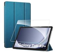 FINTIE Coque pour Samsung Galaxy Tab A9 Plus (Tab A9+) 11 Pouces 2023, Étui Rigide Housse Fine Légère Rabat Pliable avec Verre Trempé, Bleu Paon