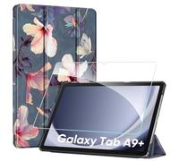 FINTIE Coque pour Samsung Galaxy Tab A9 Plus (Tab A9+) 11 Pouces 2023, Étui Rigide Housse Fine Légère Rabat Pliable avec Verre Trempé, Fleur Hibiscus