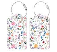 FINTIE Étiquette de Bagage en Simili Cuir, [Lot de 2] Étui d'ID avec Câble en Acier Inoxydable et Étiquette d'adresse pour Valise de Voyage, Fleur de Rêve