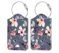 FINTIE Étiquette de Bagage en Simili Cuir, [Lot de 2] Étui d'ID avec Câble en Acier Inoxydable et Étiquette d'adresse pour Valise de Voyage, Fleur Hibiscus