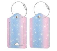 FINTIE Étiquette de Bagage en Simili Cuir, [Lot de 2] Étui d'ID avec Câble en Acier Inoxydable et Étiquette d'adresse pour Valise de Voyage, Rose/Bleu Pailleté