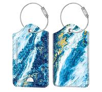 FINTIE Étiquette de Bagage en Simili Cuir, [Lot de 2] Étui d'ID avec Câble en Acier Inoxydable et Étiquette d'adresse pour Valise de Voyage, Vague Sablé