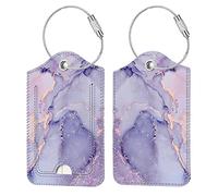 FINTIE Étiquette de Bagage en Simili Cuir, [Lot de 2] Étui d'ID avec Câble en Acier Inoxydable et Étiquette d'adresse pour Valise de Voyage, Marbre Lilas