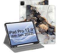 FINTIE Étui Compatible avec iPad Pro 12,9" (2022/2021/2020/2018, 6e/5e/4e/3e génération), Support Intelligent Multi-Angle avec Porte-Crayon et Poche, Mise en Veille/réveil Automatique, marbre Nuageux