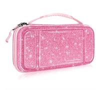 FINTIE Étui de transport pour Nintendo Switch OLED modèle 2021/Switch 2017, résistant aux chocs, rigide, sac de voyage avec 10 emplacements pour cartes de jeu et poche intérieure, rose scintillant