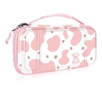 FINTIE Étui de transport pour Nintendo Switch OLED modèle 2021/Switch 2017, résistant aux chocs, rigide, sac de voyage avec 10 emplacements pour cartes de jeu et poche intérieure, vache fraise