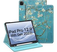 FINTIE Étui Compatible avec iPad Pro 12,9" (2022/2021/2020/2018, 6e/5e/4e/3e génération), Support Intelligent Multi-Angle avec Porte-Crayon et Poche, Mise en Veille/réveil Automatique, Fleur