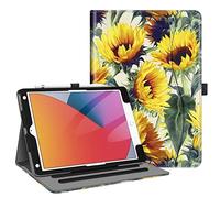 Fintie Étui pour iPad 9e/8e/7e génération (2021/2020/2019) 10,2" - [Protection des Coins] - Support de visualisation Multi-Angle avec Poche et Porte-Crayon - Mise en Veille Automatique - Tournesols