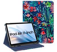 Fintie Étui pour iPad Air 11" M2 (2024), iPad Air 5e génération (2022) / iPad Air 4e génération (2020) 10,9", Coque de Protection Multi-Angle avec Porte-Crayon et Poche, Bleu Nuit à Fleurs