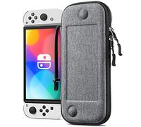 FINTIE Étui pour Nintendo Switch OLED 2021 et Switch 2017, [Design Ultra-Fin] Coque Rigide avec 10 Emplacements pour Cartes de Jeu, Housse de Voyage avec Dragonne, Denim Gris