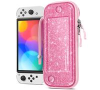 FINTIE Étui pour Nintendo Switch OLED 2021 et Switch 2017, [Design Ultra-Fin] Coque Rigide avec 10 Emplacements pour Cartes de Jeu, Housse de Voyage avec Dragonne, Rose Pailleté