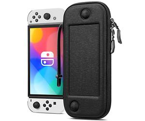 FINTIE Étui pour Nintendo Switch OLED 2021 et Switch 2017, [Design Ultra-Fin] Coque Rigide avec 10 Emplacements pour Cartes de Jeu, Housse de Voyage avec Dragonne, Noir