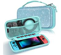 FINTIE Etui pour Nintendo Switch/Switch Modèle OLED - Housse Transport en EVA Sacoche de Rangement Zippée Anti-Choc, Coque Protection Console avec 10 Emplacements Cartes de Jeu,Pailleté Bleu