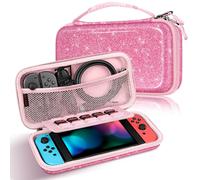 FINTIE Etui pour Nintendo Switch/Switch Modèle OLED - Housse Transport en EVA Sacoche de Rangement Zippée Anti-Choc, Coque Protection Console avec 10 Emplacements Cartes de Jeu,Pailleté Rose