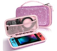 FINTIE Etui pour Nintendo Switch/Switch Modèle OLED - Housse Transport en EVA Sacoche de Rangement Zippée Anti-Choc, Coque Protection Console avec 10 Emplacements Cartes de Jeu,Pailleté Violet