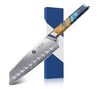 FINTISO Couteau Santoku 18CM Couteau de Chef Japonais Ultra Tranchant, Noyau en Acier en Poudre S35VN, Acier 7 Couches, Manche en Résine Céleste et Bois Stabilisé,Idée Cadeau Parfaite
