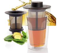 Finum SMART BREW SYSTEM (320 ml) - Verre à thé double paroi, infuseur, couvercle & socle d'égouttement, verre, tasse à thé, filtre à thé, tasse en verre, verre à thé, filtre, sans BPA, tea cup - noir