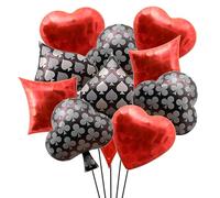 Finypa Lot de 12 ballons de fête en forme de cœur sur le thème du casino, rouge, 15,2 x 20,3 x 1,8 cm, finition métallique, motif cartes à jouer, soirée casino, événements de poker, fête