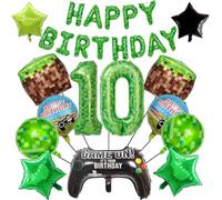 Finypa Lot de 25 ballons de jeu vidéo pour 10e anniversaire avec bannière « Happy Birthday », ballon chiffre 10 de 101,6 cm, ballon bloc d'herbe, ballon manette de jeu pour enfants et garçons