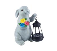 Fiocias Figurine Lapin Sculpture Statue Décoration Jardin Résine avec Lanterne Solaire Intégrée pour Éclairer Cour Patio Allée Intérieur Extérieur Cadeau, Gris