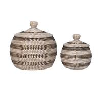FIORA - Lot de 2 paniers ronds en jonc de mer naturel, blanc et noir avec couvercles
