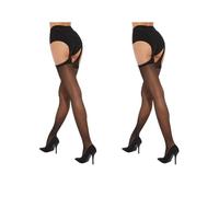 Fiore Collant ouvert femme effet porte-Jaretelles sexy en voile 20 DEN soyeux - S, M, L, XL - Noir - T4 - lot de 2
