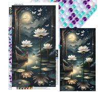 Fiorky Kits de peinture diamant Lotus pour adultes - 5D à faire soi-même, peinture diamant ronde complète, ombre de lotus sous la lune, kits d'art pour décoration murale de la maison