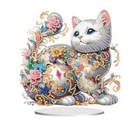 Fiorky Kits d'ornements de peinture diamant de dessus de table en forme de chat de forme spéciale, kit d'ornements de bureau de peinture diamant sur un seul côté, décorations de table faites