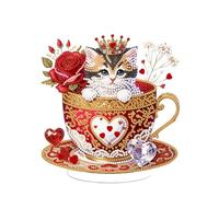 Fiorky Kits d'ornements de peinture diamant de forme spéciale pour dessus de table, chat dans une tasse, kit de décorations de bureau, peinture diamant sur un seul côté,décorations de bureau