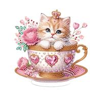 Fiorky Kits d'ornements de peinture diamant de forme spéciale pour dessus de table, chat dans une tasse, kit de décorations de bureau, peinture diamant sur un seul côté,décorations de bureau