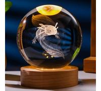 Fiorky Lampe boule de cristal gravée 3D Axolotl avec base en bois, boule de cristal colorée, cadeau d'anniversaire créatif pour la famille et les amis