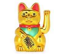 FIOTOK Maneki Neko Chat porte-bonheur japonais avec bras agitant Doré Fonctionne avec piles (couvercle de batterie inclus)