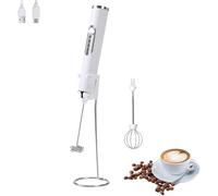 FIOUSY Mousseur à lait électrique portable avec 2 têtes, fouet mélangeur à mousse avec USB rechargeable 3 vitesses, mélangeur de mousse pour latte, cappuccino, chocolat chaud, œuf (Blanc avec support)