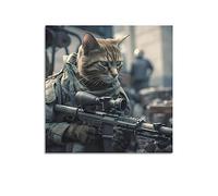 FIOX Poster animal mignon chat jouant avec un fusil de sniper - Peinture décorative sur toile Art moderne 40 x 40 cm