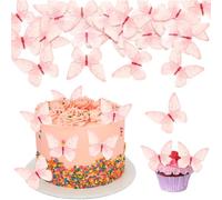 FIQLUL 48 Pcs Papillon Décoration Gâteau Comestible, Décoration Gâteaux Anniversaire Fille en Papier de Riz Rose, Effet 3D pour Cupcake, Mariage, Fête et Pâtisserie, Papillon Comestible pour Gâteau